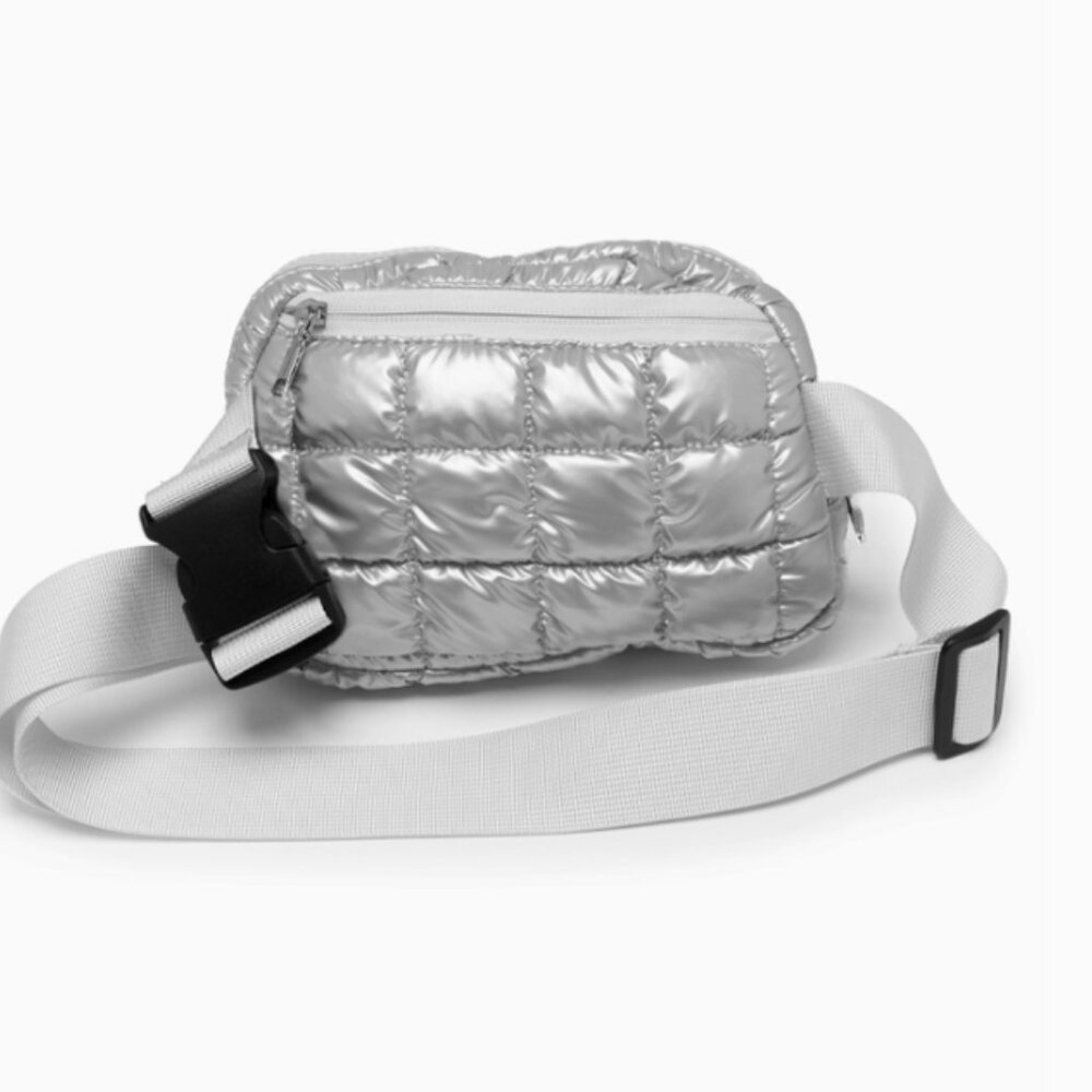 2026 LOWER PRICING--Metallic Silver Quilted Puffer Adjustable Belt/Crossover Bag - Picture 2 of 3
